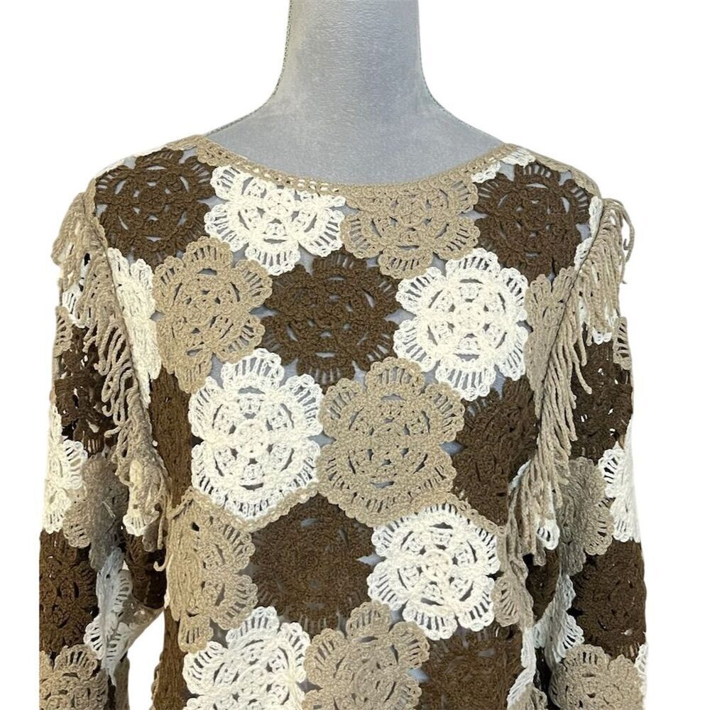 Pink Lily Women's Bohemian Opek Knit Crochet Fringe Sweater Brown S/M Floral - Picture 2 of 13